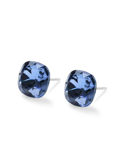 Seona Seona Sophia 10mm Cushion Cut Crystal Earrings – Hypoallergenic Stud Earrings for Women, Tarnish‑Free Stainless Steel Jewelry for Sensitive Ears - Demin Blue